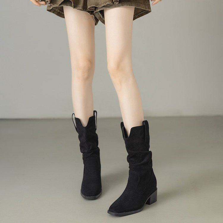 Damen Rauleder Stiefeletten mit lässigem Falten-Design Shopnory