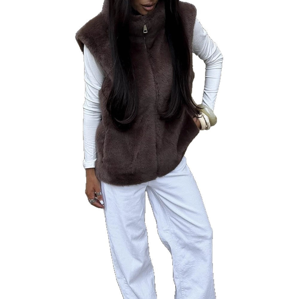 Damen Ärmellose Kunstfell-Weste mit Stehkragen, Reißverschluss und kastigem Cropped‑Schnitt Shop Nory