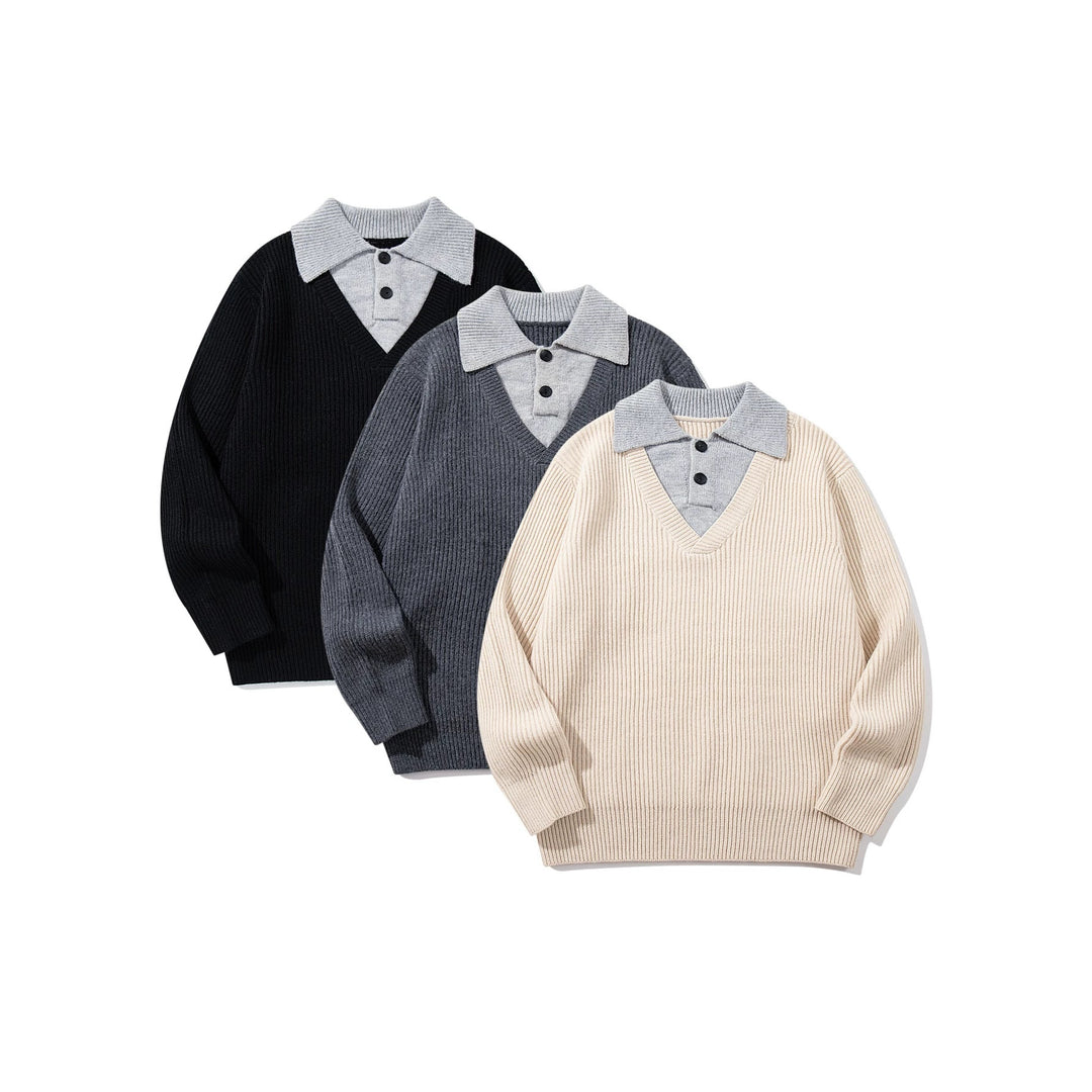 Herren Gerippter Strickpullover mit Polokragen‑Einsatz und tiefem V‑Ausschnitt Shop Nory