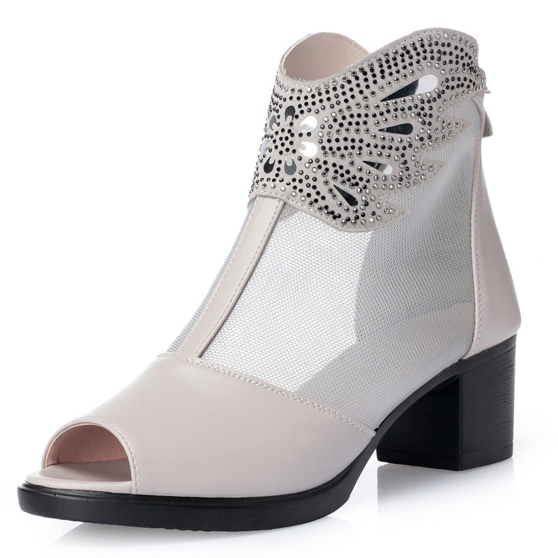 Damen Offene Stiefeletten mit transparentem Mesh-Einsatz und funkelnden Verzierungen