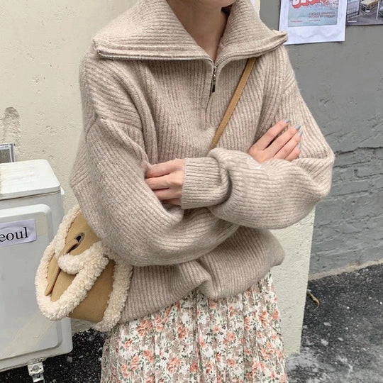 Damen Leichter Strickpullover mit hohem Kragen und Reißverschluss