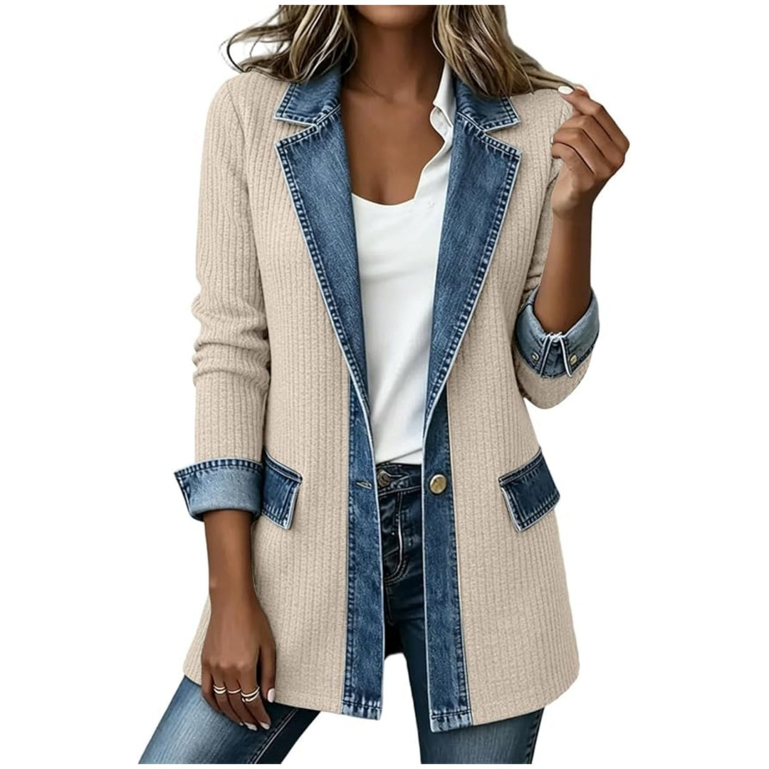 Damen Strickblazer mit Jeansbesatz und Reverskragen Shop Nory