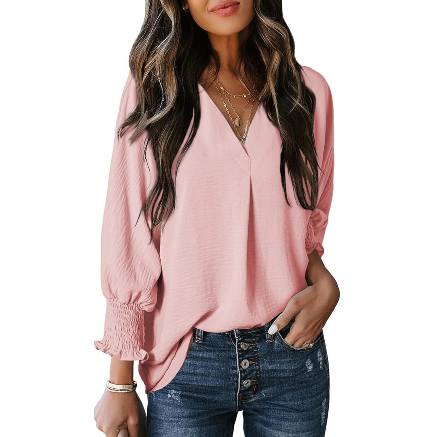 Damen V-Ausschnitt Bluse mit lässigen Ballonärmeln und Rüschendetails