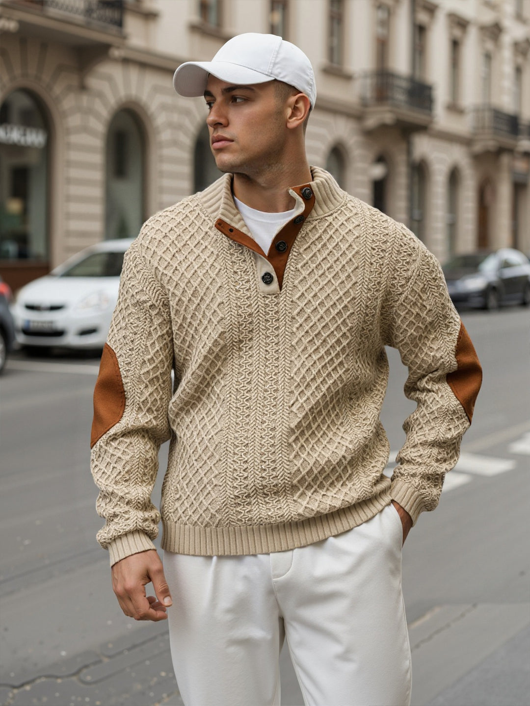 Herren Troyer-Pullover mit Stehkragen, strukturierter Strickoptik und Kontrast-Ellbogenpatches Shop Nory