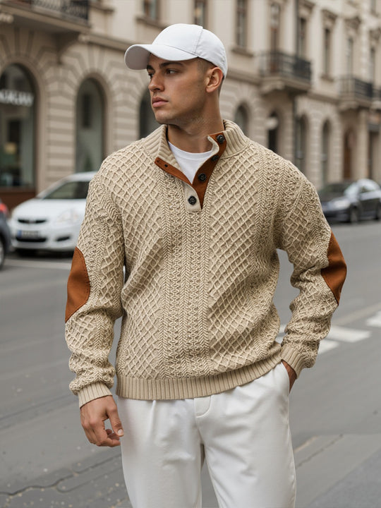 Herren Troyer-Pullover mit Stehkragen, strukturierter Strickoptik und Kontrast-Ellbogenpatches Shop Nory
