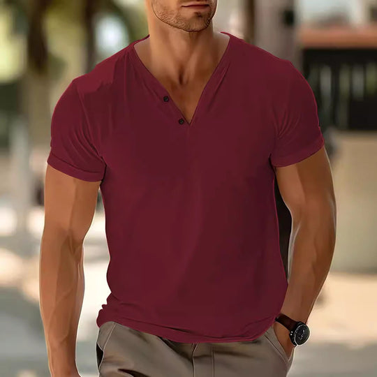 Herren nan kurzärmeliges Henleyshirt mit V-Ausschnitt und Zweiknopfleiste aus Baumwollmix Shopnory