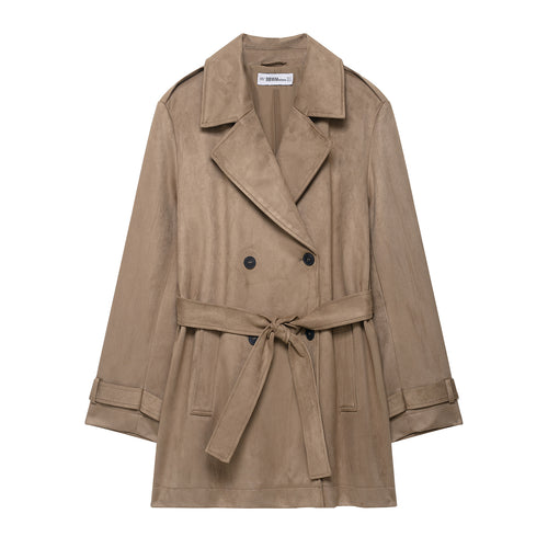 Damen Trenchcoat in Veloursleder-Optik doppeltreihig mit Taillengürtel Shop Nory