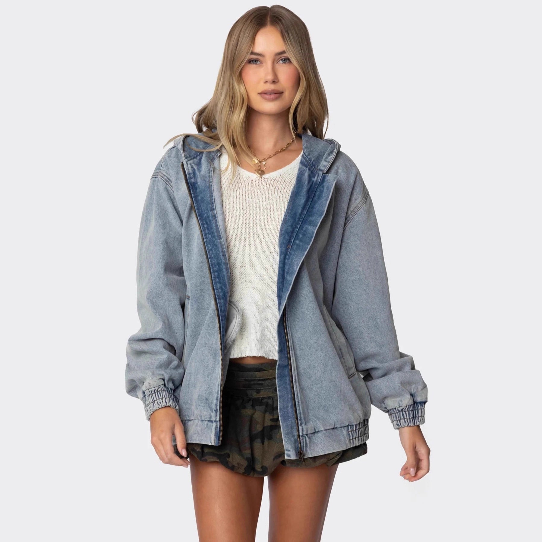 Damen Oversized Denimjacke mit Kapuze und elastischen Bündchen