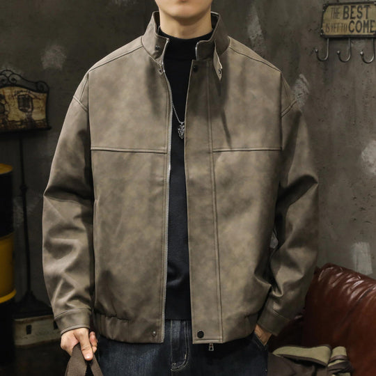 Herren Boxy Lederoptik-Blouson mit verdeckter Reißverschlussleiste, Stehkragen und elastischem Bund Shop Nory