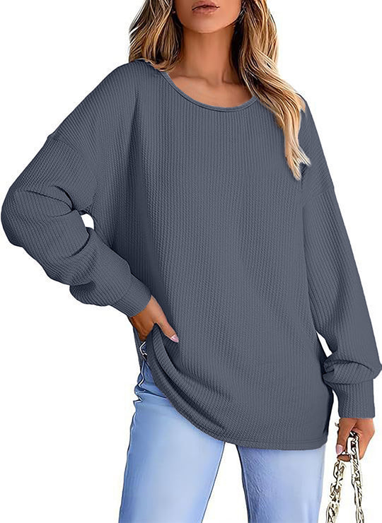 Damen Oversize Waffelstrickpullover mit Rundhals, Ballonärmeln und verlängertem Saum Shop Nory
