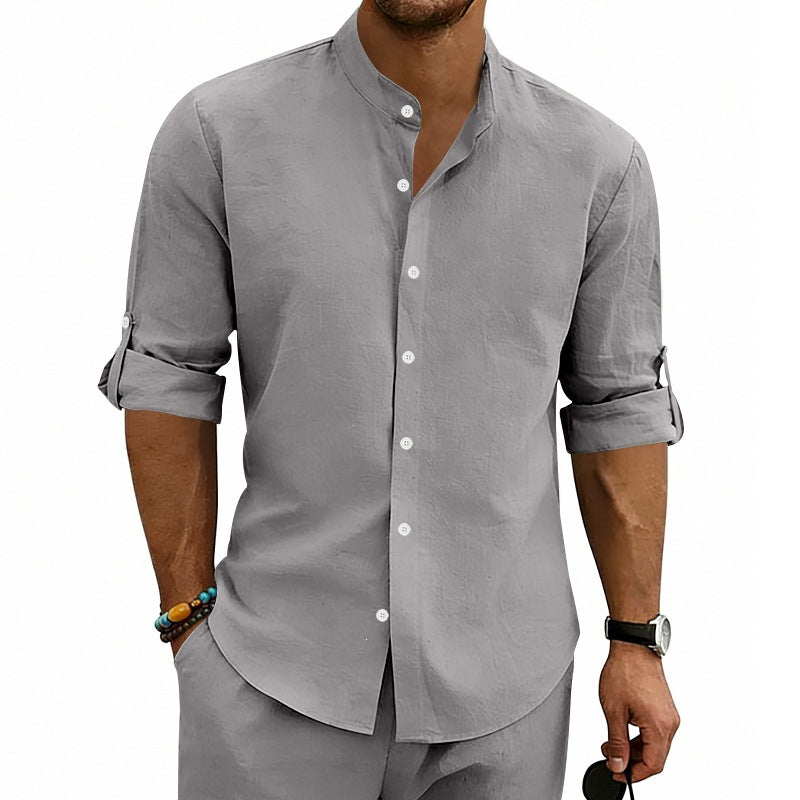 Herren Modernes Leinenmix-Hemd mit Stehkragen, aufrollbaren Ärmeln und schmaler Knopfleiste Shop Nory
