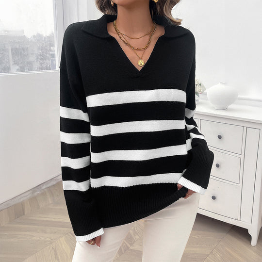 Damen nan lässiger V‑Ausschnitt Strickpullover mit Polokragen, gerippten Ärmelsäumen und markanten Blockstreifen Shop Nory