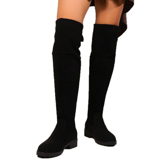 Damen Overknee‑Stiefel aus Veloursoptik mit niedrigem Blockabsatz und profilierter Gummisohle Shop Nory