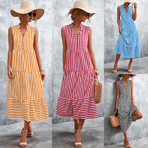 Damen Maxikleid mit gestreiftem Design, durchgehendem Knopfverschluss und voluminösem Saum