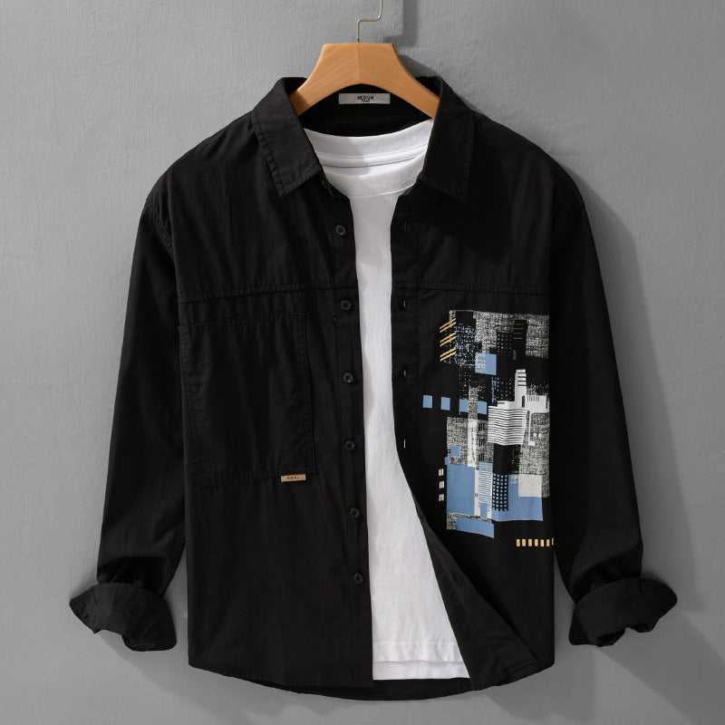 Herren Leichtes Baumwoll-Canvas-Overshirt mit abstraktem Frontprint und Doppelbrusttasche Shop Nory