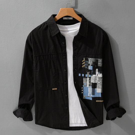 Herren Leichtes Baumwoll-Canvas-Overshirt mit abstraktem Frontprint und Doppelbrusttasche Shop Nory