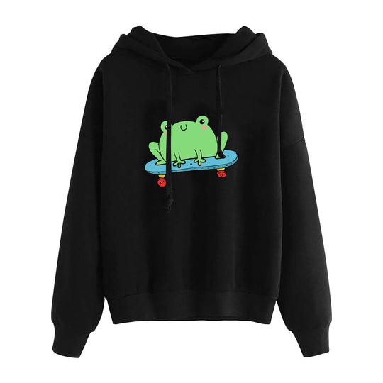 Damen nan kurz geschnittener Cropped-Kapuzenpullover mit niedlicher Frosch-Illustration und verstellbarer Kapuze Shop Nory