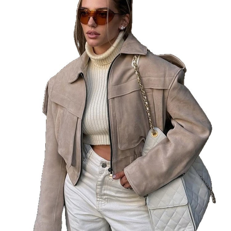 Damen Kurzblouson aus Veloursleder‑Optik mit Oversize‑Schulter und verdecktem Reißverschluss Shop Nory