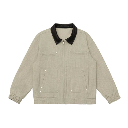 Unisex Boxy-Workwear-Blouson mit lederbesetztem Kragen, Utility-Taschen und elastischem Saum Shop Nory