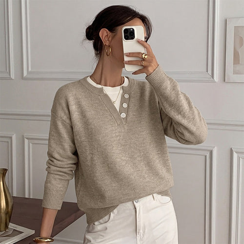 Damen Leichter Henley-Strickpullover mit Knopfleiste, gerippten Bündchen und relaxed Fit Shop Nory