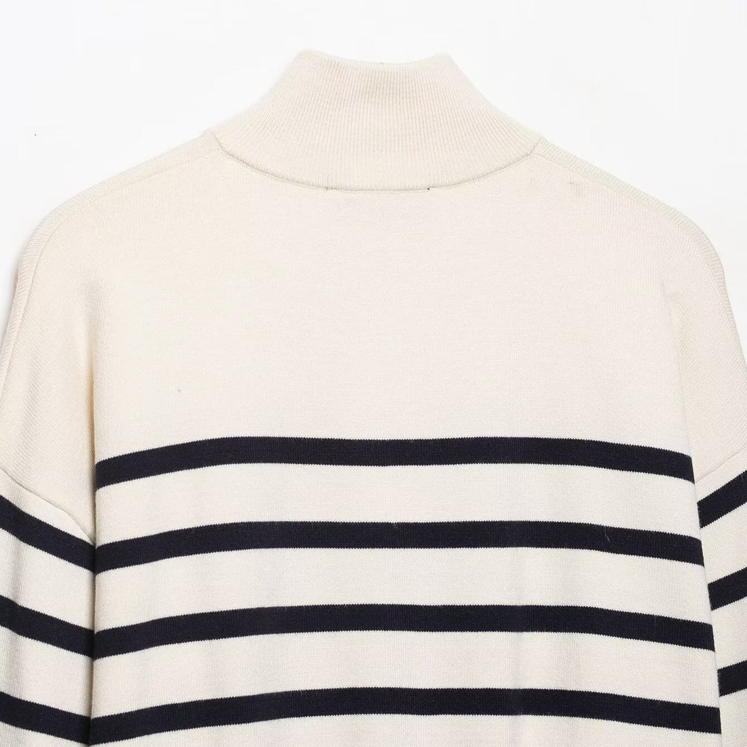 Damen Cropped Boxy Strickpullover mit halbem Reißverschluss, Stehkragen und breiten Streifen Shop Nory