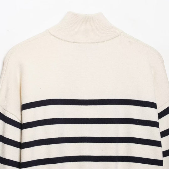 Damen Cropped Boxy Strickpullover mit halbem Reißverschluss, Stehkragen und breiten Streifen Shop Nory