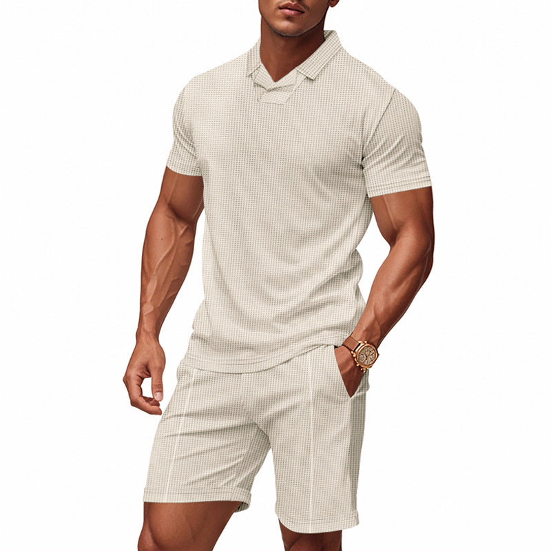 Herren nan lässiges Waffelstruktur-Freizeitset mit Reverskragen-Kurzarmshirt und elastischen Freizeitshorts