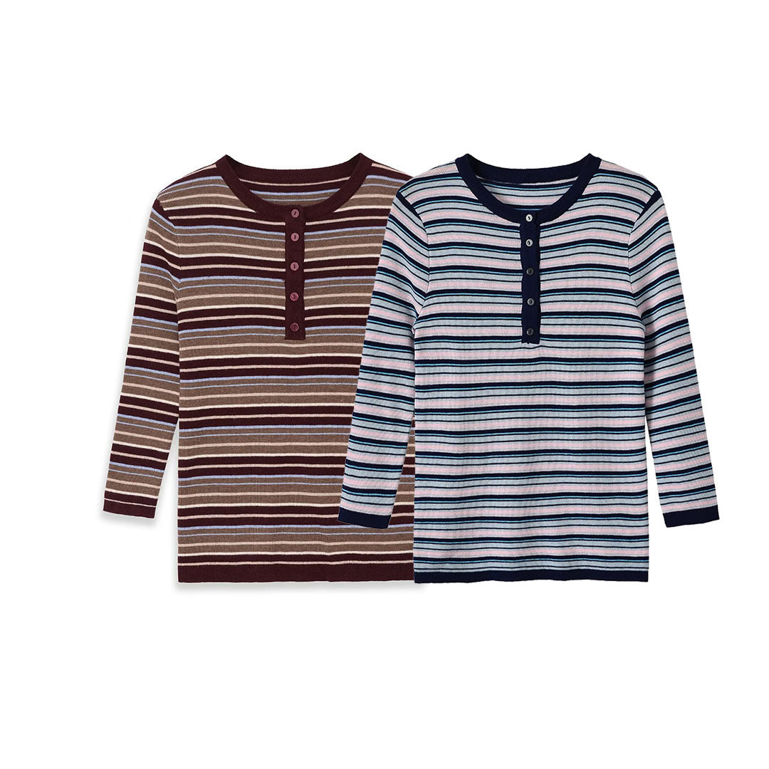 Damen Feinstrick-Henleyshirt mit feiner Streifenstruktur und Knopfblende Shop Nory