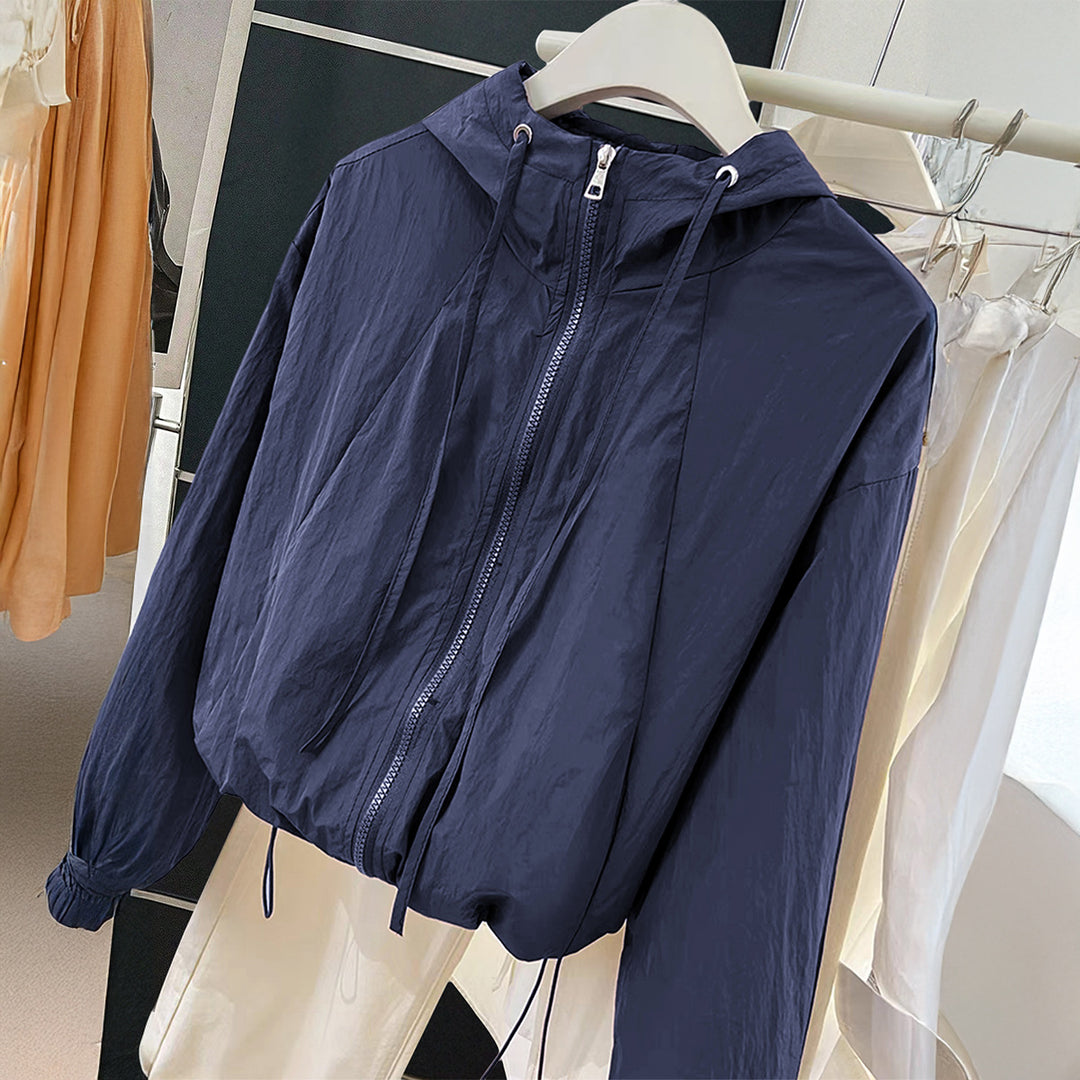 Damen nan leichtgewichtige Kapuzen-Übergangsjacke mit Tunnelzugbündchen und Ballonärmeln Shop Nory