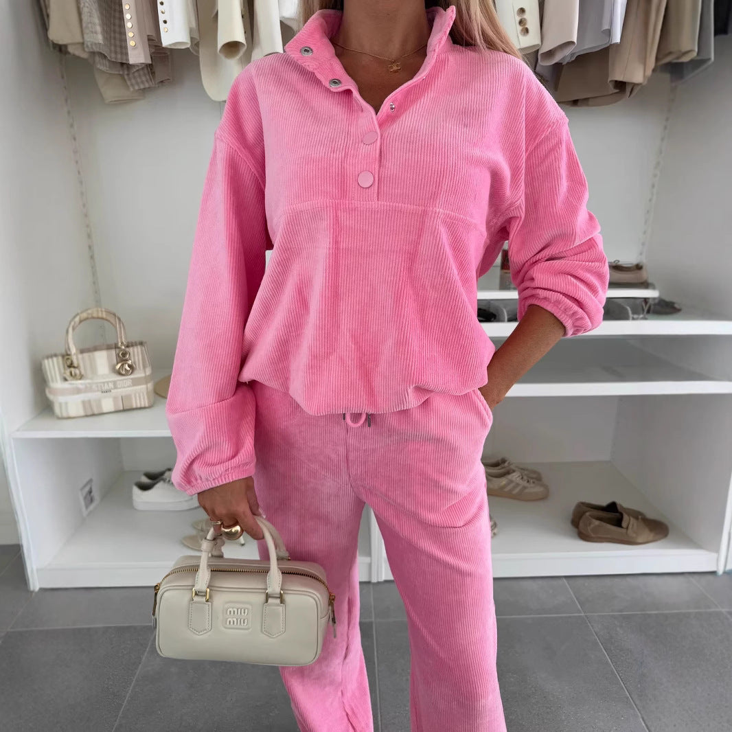 Damen Cord-Lounge-Set mit Henley-Kragen, Knopfleiste und weitem High-Waist-Hose Shop Nory