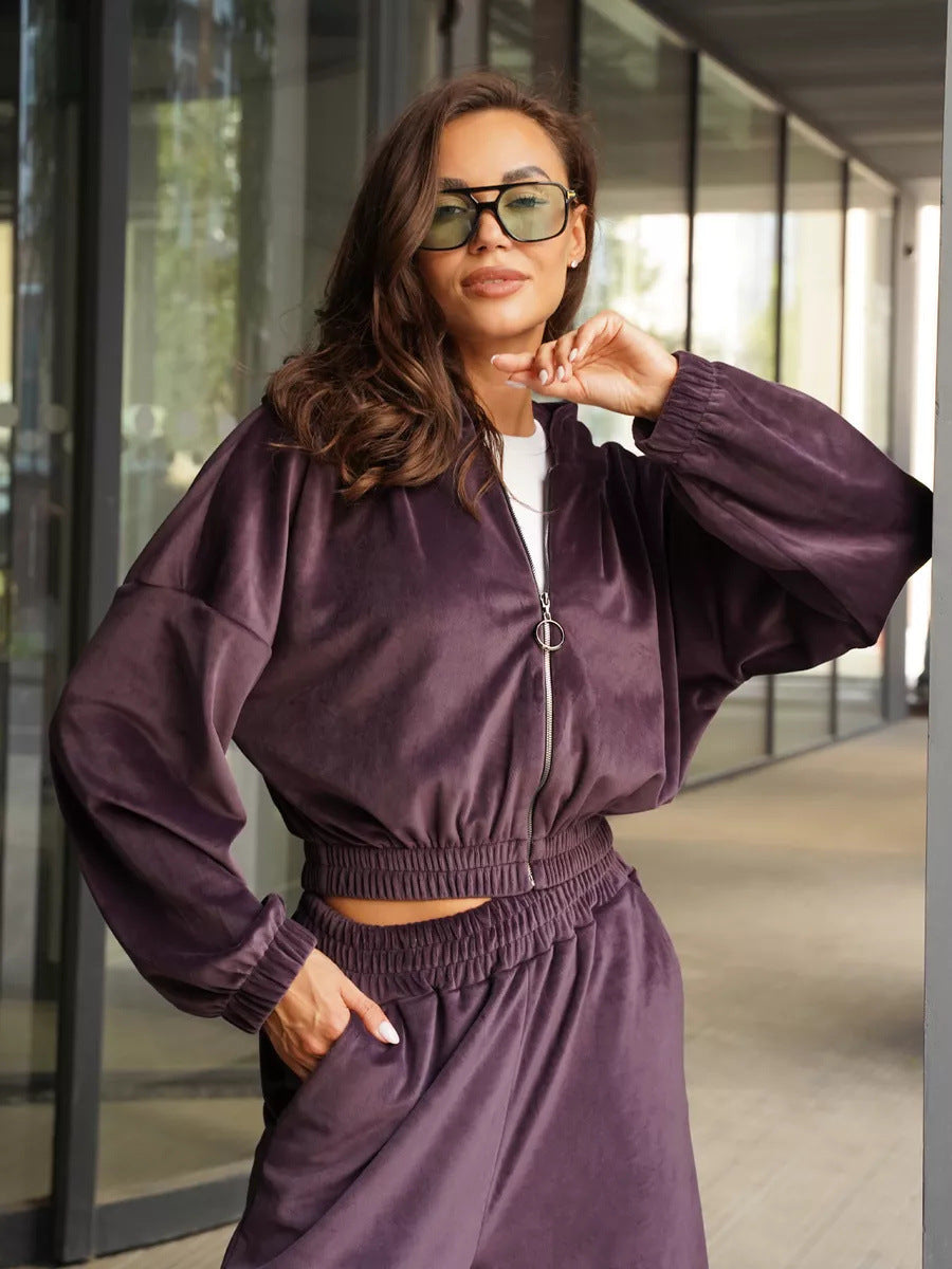Damen luxuriöser Samt-Trainingsanzug mit geraffter Bomberjacke und High-Waist Jogginghose Shop Nory