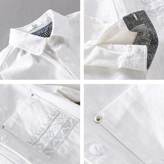 Herren Baumwoll-Overshirt mit Kontrastfutter, Brusttaschen und feiner Stickerei Shop Nory