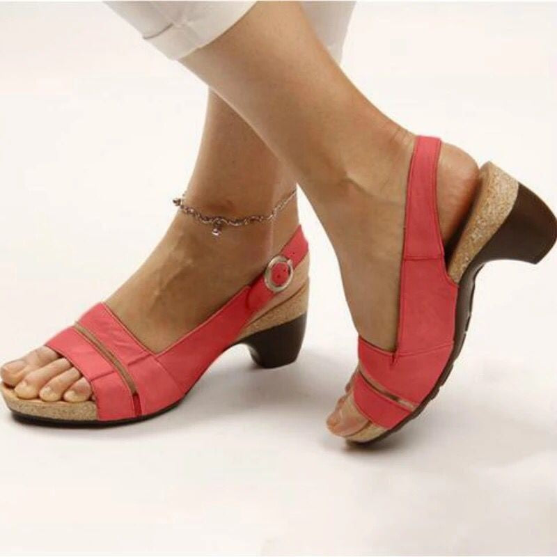 Damen nan Sandalette mit elastischem Fersenriemen ergonomischem Kork-Komfortfußbett und niedrigem geschwungenem Absatz