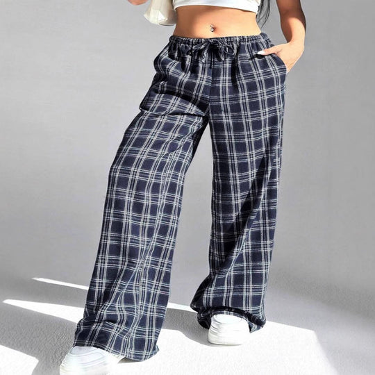 Damen Weite Karohose mit elastischem Bund und praktischen Taschen