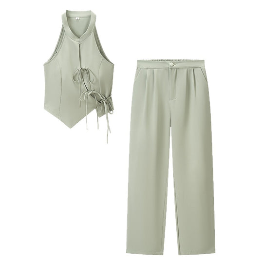 Damen Zweiteiliges tailliertes Weste- und weites Hosen-Set mit Schnürdetail Shop Nory