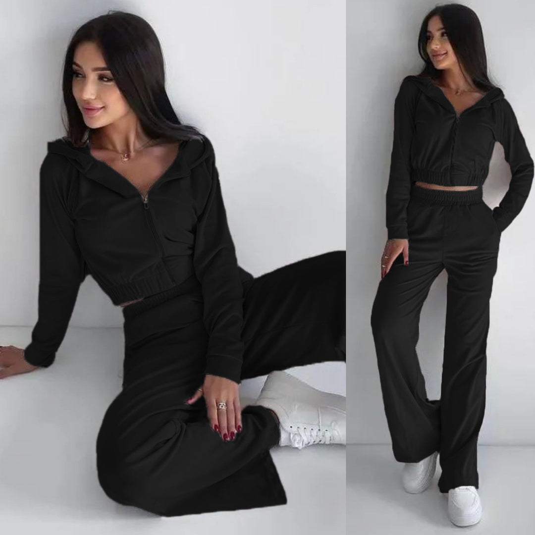Damen kurz geschnittenes Samt-Lounge-Set mit tailliertem Zip-Hoodie und fließender Highwaist-Palazzohose Shop Nory
