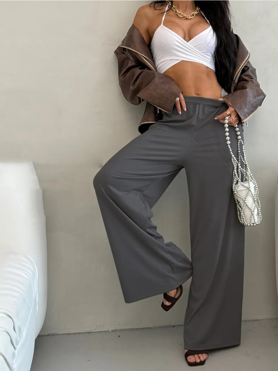 Damen weite High-Waist Palazzo-Hose aus geripptem Jersey mit elastischem Bund Shop Nory