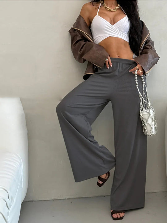 Damen weite High-Waist Palazzo-Hose aus geripptem Jersey mit elastischem Bund Shop Nory