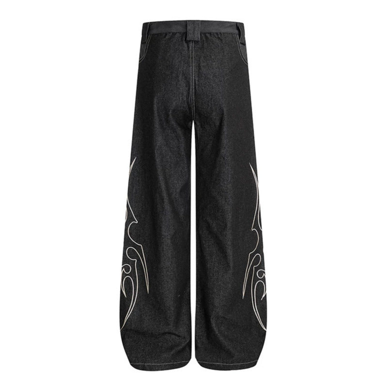 Damen Weite High‑Waist Denim‑Cargohose mit Flammenstickerei und aufgesetzten Taschen Shop Nory
