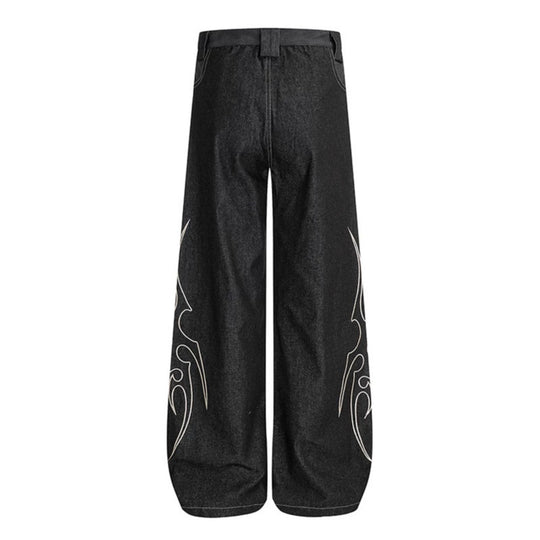 Damen Weite High‑Waist Denim‑Cargohose mit Flammenstickerei und aufgesetzten Taschen Shop Nory