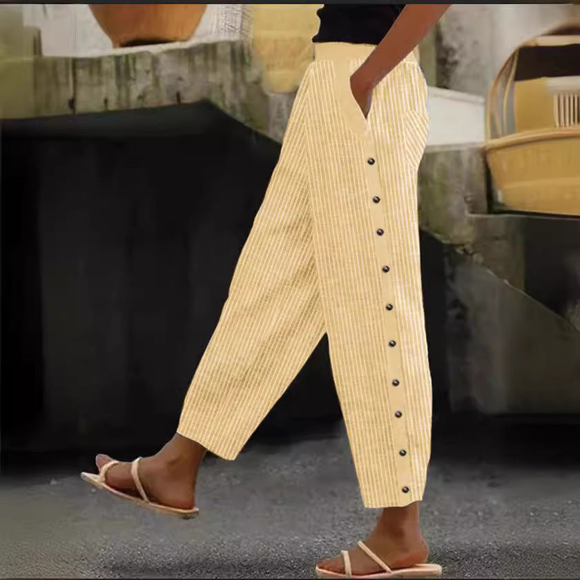 Damen Culotte-Hosen mit hohem elastischem Bund, seitlichem Knopfverschluss und Taschen Shop Nory