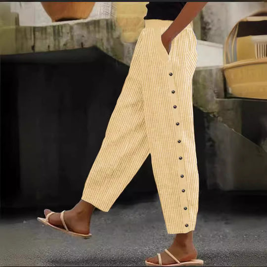 Damen Culotte-Hosen mit hohem elastischem Bund, seitlichem Knopfverschluss und Taschen Shop Nory