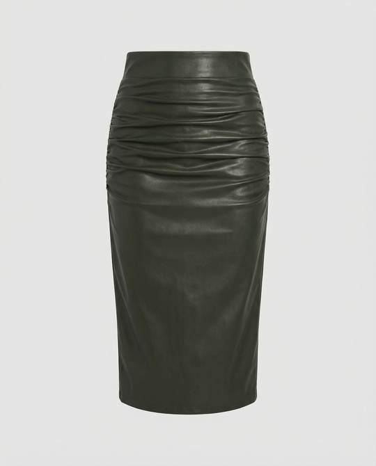 Damen Midi-Rock aus hochwertigem Leder mit Raffung