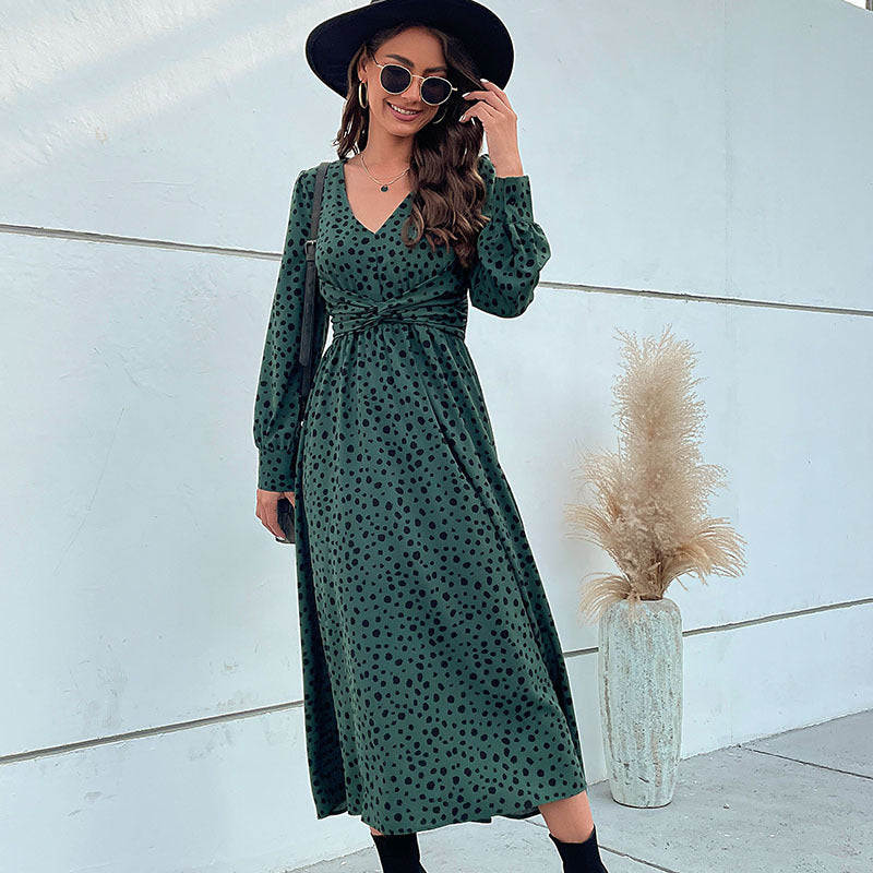 Damen Midikleid im Retro-Pünktchen-Design mit Wickeloptik, V-Ausschnitt und tailliertem Bindegürtel Shop Nory