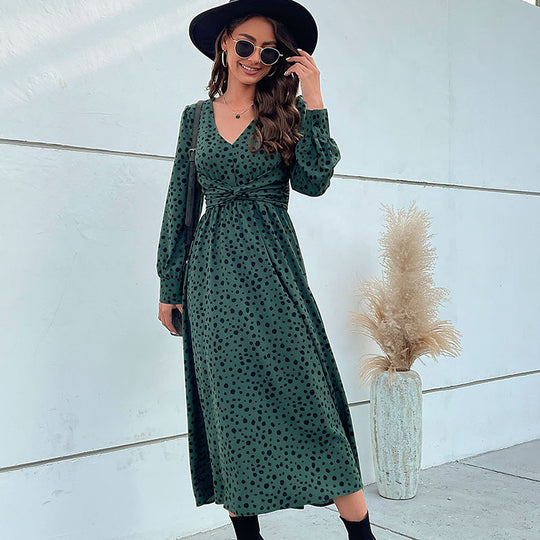 Damen Midikleid im Retro-Pünktchen-Design mit Wickeloptik, V-Ausschnitt und tailliertem Bindegürtel Shop Nory