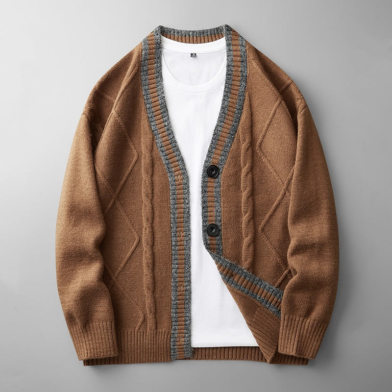 Herren Strickcardigan mit Zopfmuster, V-Ausschnitt und Kontrastkante Shop Nory