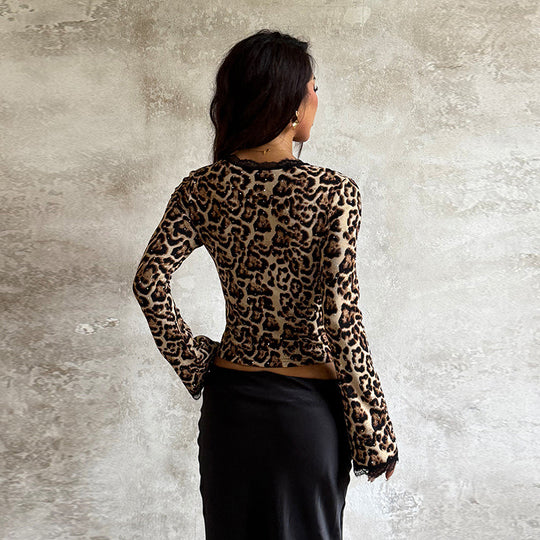Damen Leoparden-Cardigan mit Spitzenbesatz und Schnürdetail Shop Nory