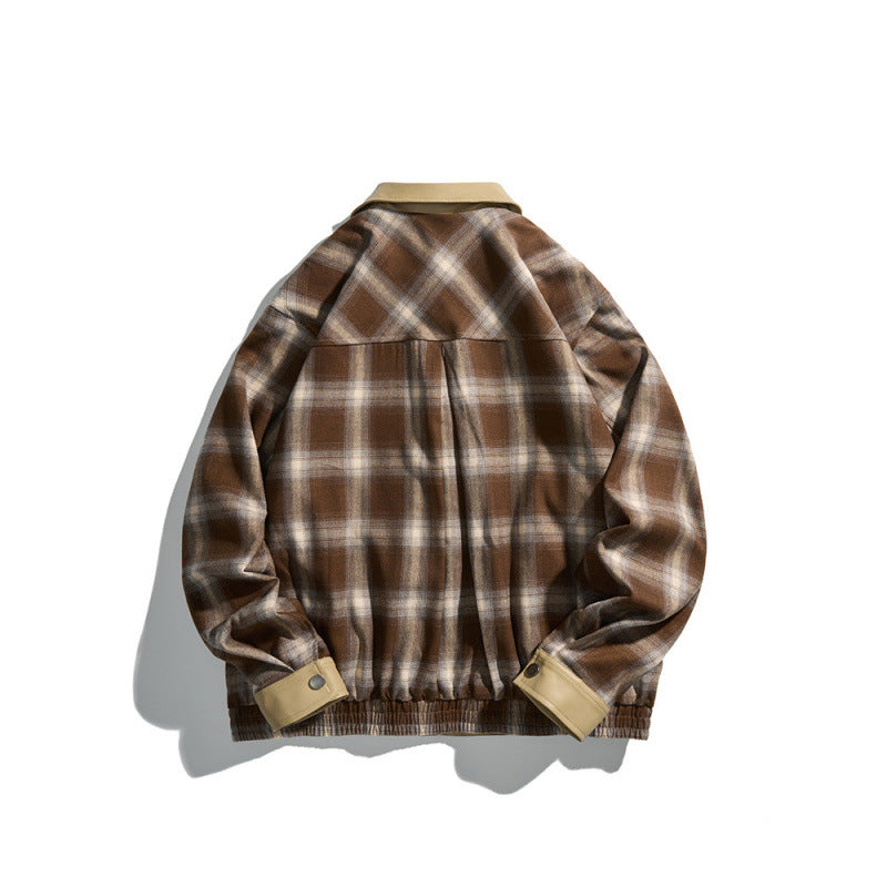 Herren Kastenförmige karierte Hemdjacke mit Kunstlederkragen, Druckknopfverschluss und Lederbesätzen Shop Nory