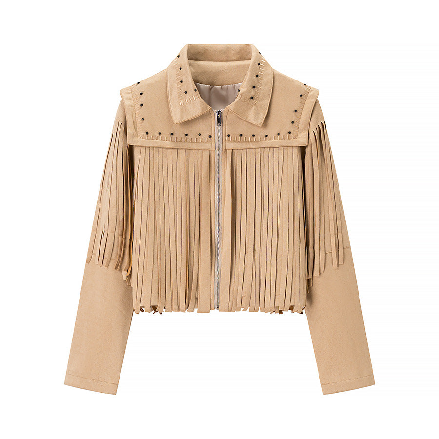 Damen Kurze Fransenjacke aus Wildlederoptik mit Reißverschluss und Nietenbesatz Shop Nory