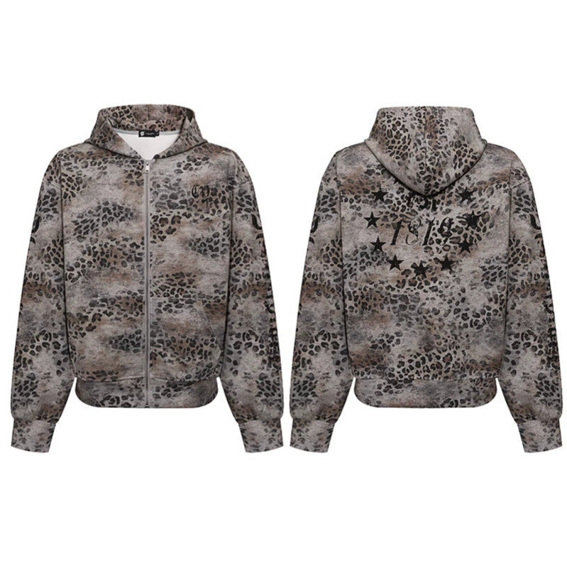 Damen Kapuzen-Sweatjacke mit durchgehendem Reißverschluss und Allover-Leopardenprint Shop Nory